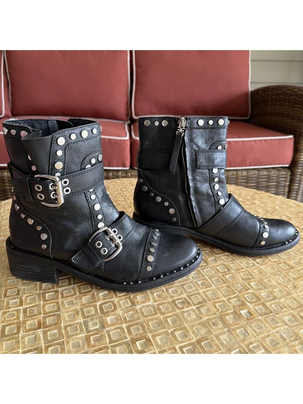 Sam Edelman Womens Drea Black Leather Studded Side Zip Moto Boots Size US 7